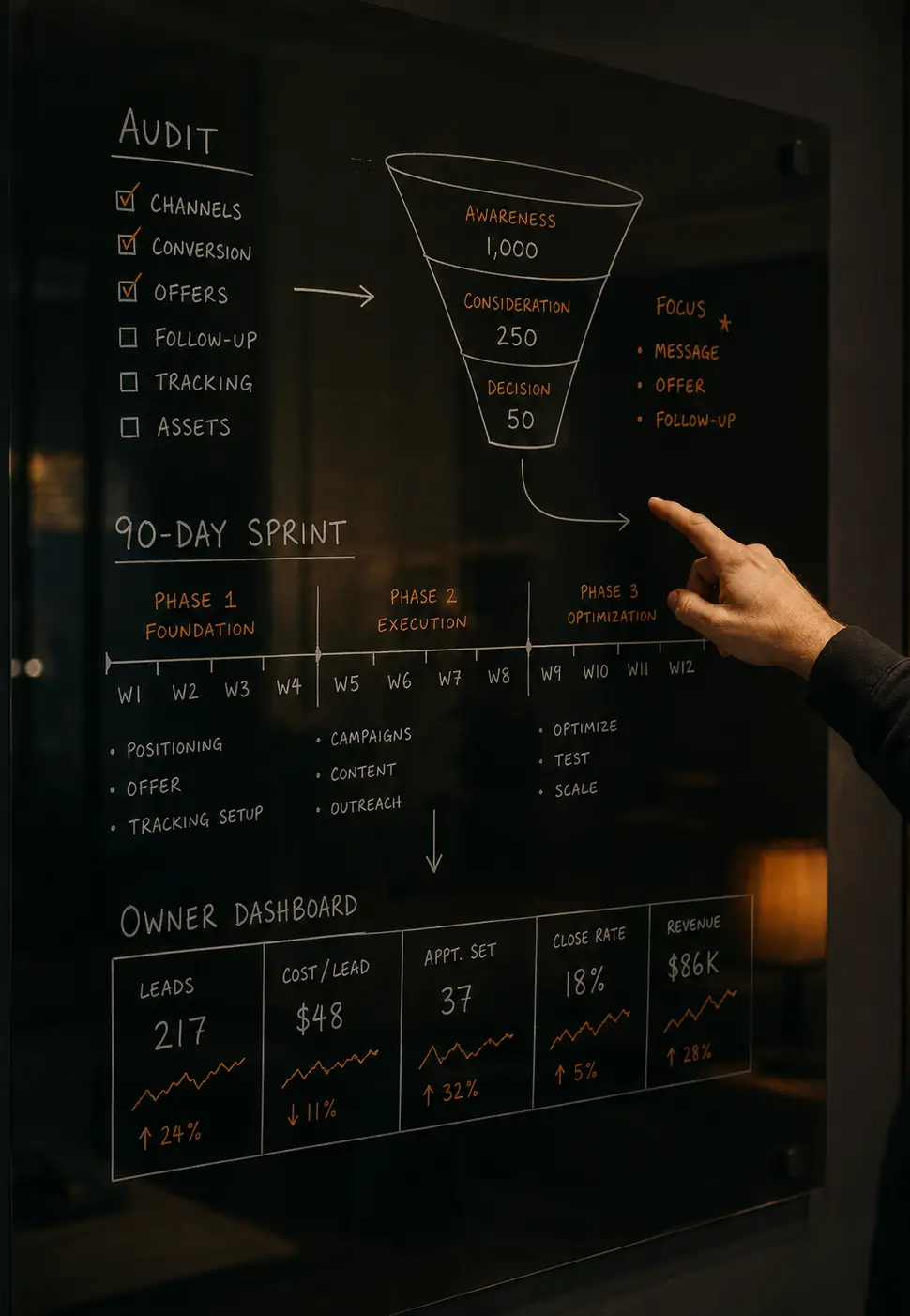 Proses sprint planning dan audit growth Jagobranding di whiteboard